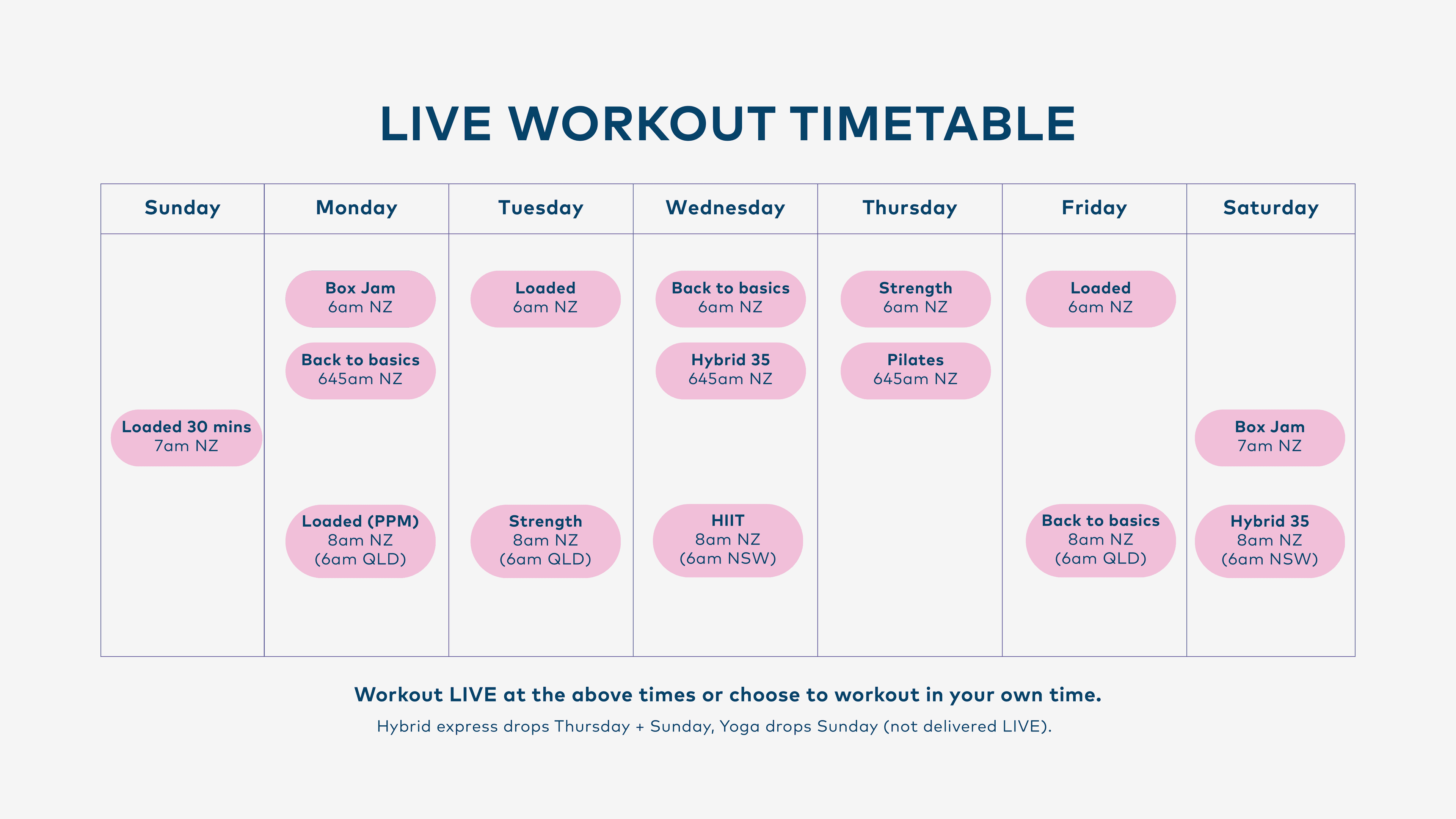 Move it Mama live workout timetable showing weekly class schedule