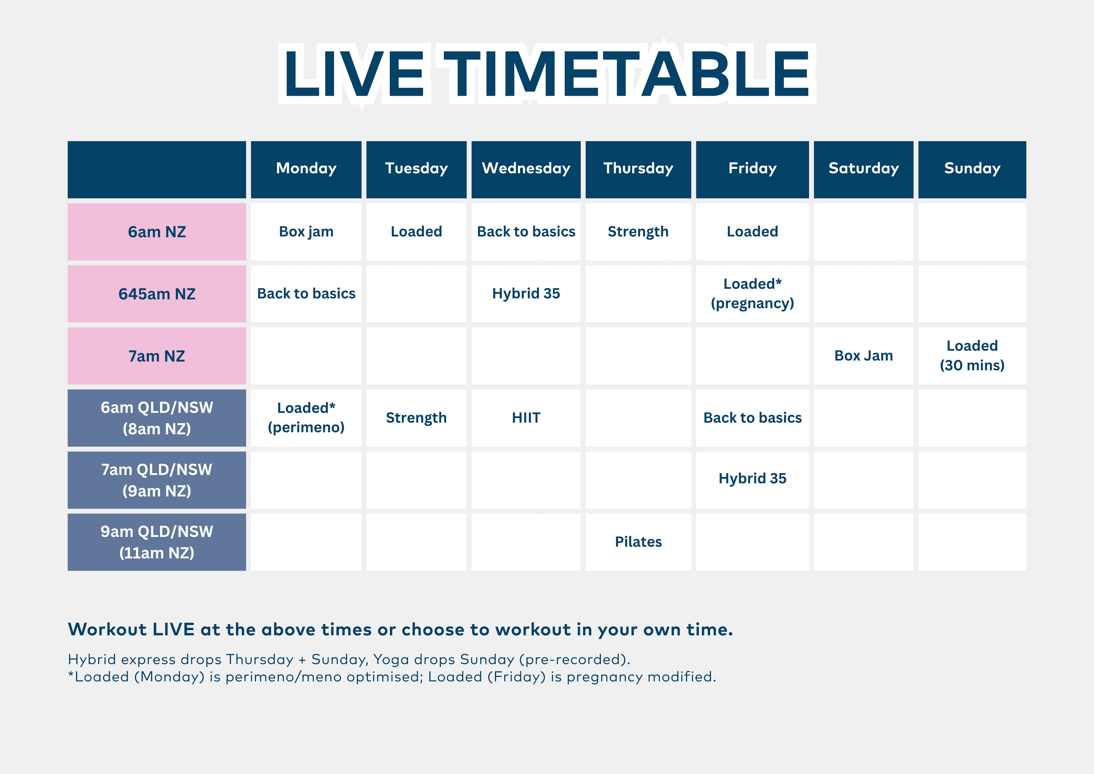 Move it Mama live workout timetable showing weekly class schedule